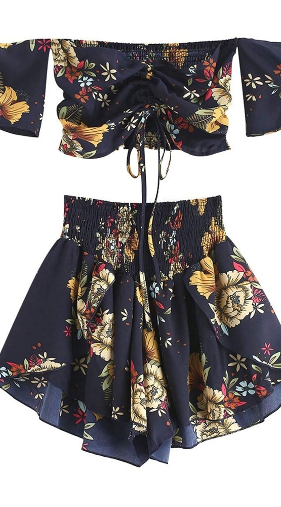 Two Piece Off Shoulder Floral Crop Top and Shorts